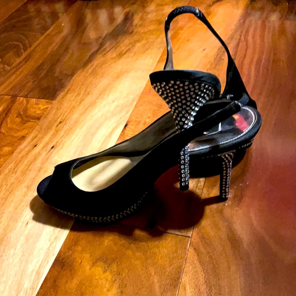 Black satin sling back. Open toe. Worn once!